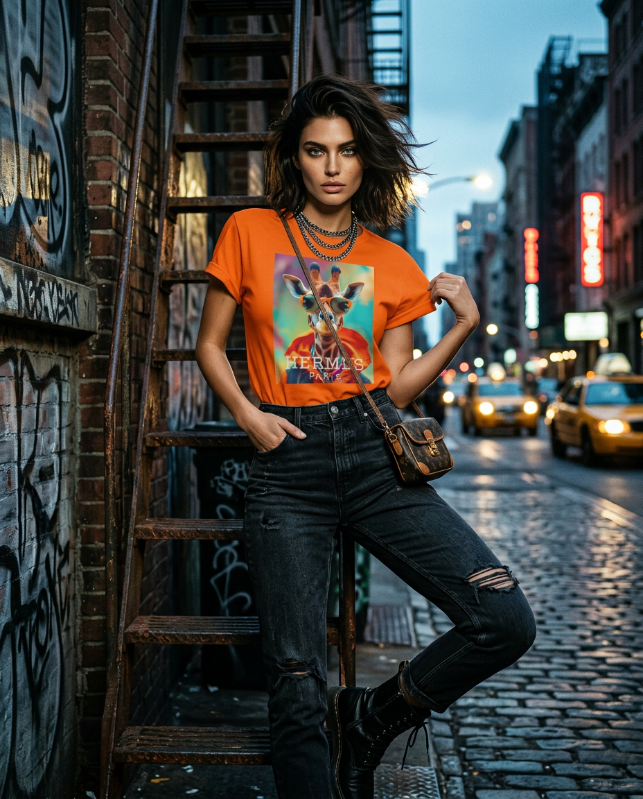 Mulher usando camiseta laranja Safari Elite da Camalestore, pose em iluminação cinematográfica com silhueta forte.