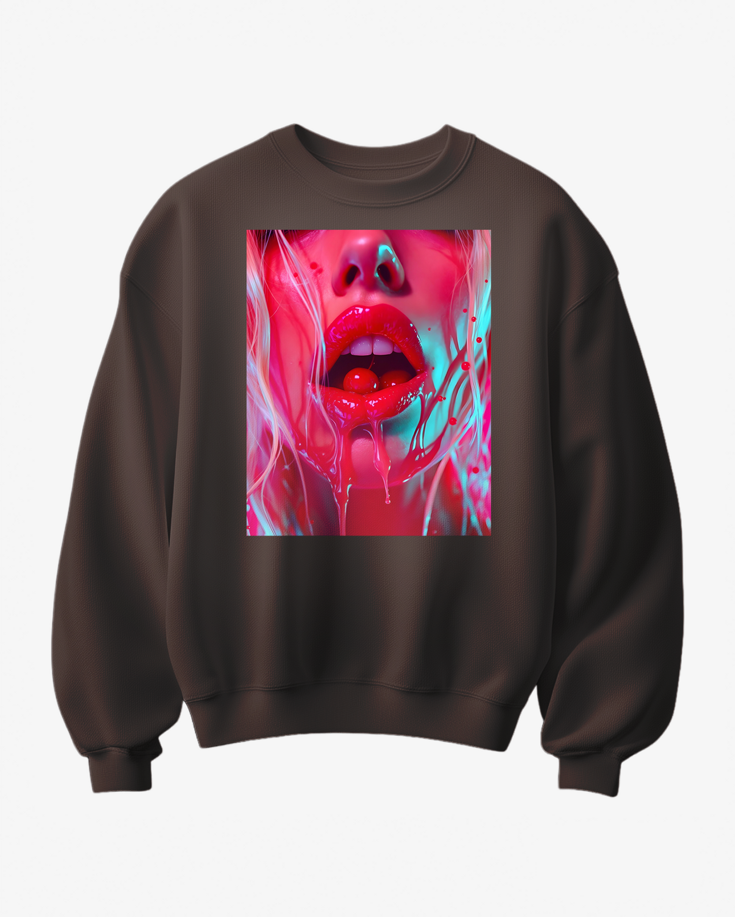 Sweatshirt Cherry Gloss da Camalestore com padrão de cerejas vermelhas, gola redonda e mangas longas, tecido confortável e de alta qualidade.