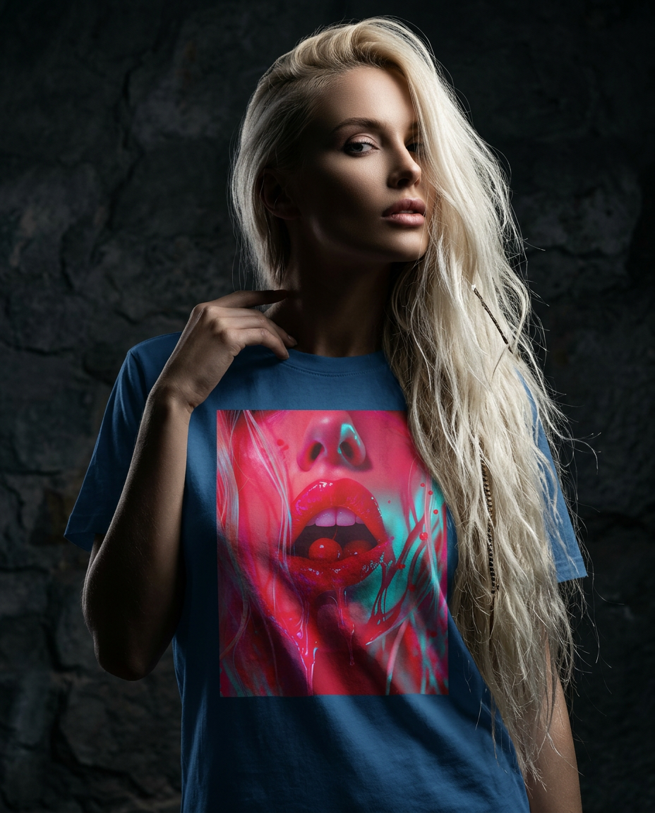 Camalestore T-shirt Cherry Glaze, modelo com silhueta forte e iluminação cinematográfica, vestindo a camiseta na foto.
