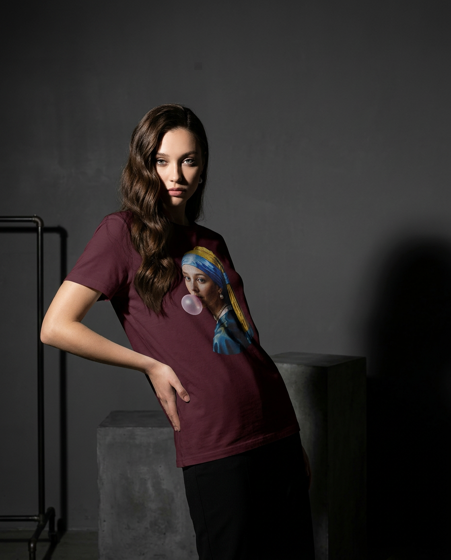 Camalestore T-shirt Pearl Bubble com silhueta forte, iluminação cinematográfica e composição assimétrica, foco na peça.