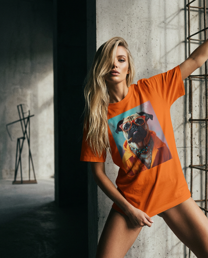 Camiseta laranja Pug Rebel da Camalestore, modelo usando a t-shirt, com silhueta forte e iluminação cinematográfica.