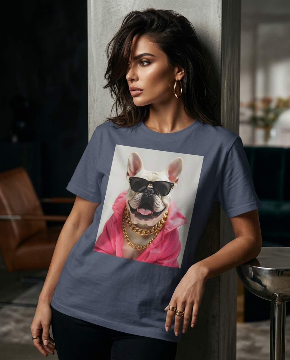 Camiseta Bulldog Azure Pop da Camalestore, modelo posando com silhueta forte e iluminação cinematográfica, composição assimétrica.