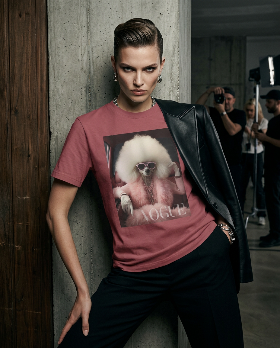Camiseta Poodle Glam da Camalestore em modelo feminino, com silhueta forte e iluminação cinematográfica, vista frontal.