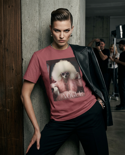 Camiseta Poodle Glam da Camalestore em modelo feminino, com silhueta forte e iluminação cinematográfica, vista frontal.