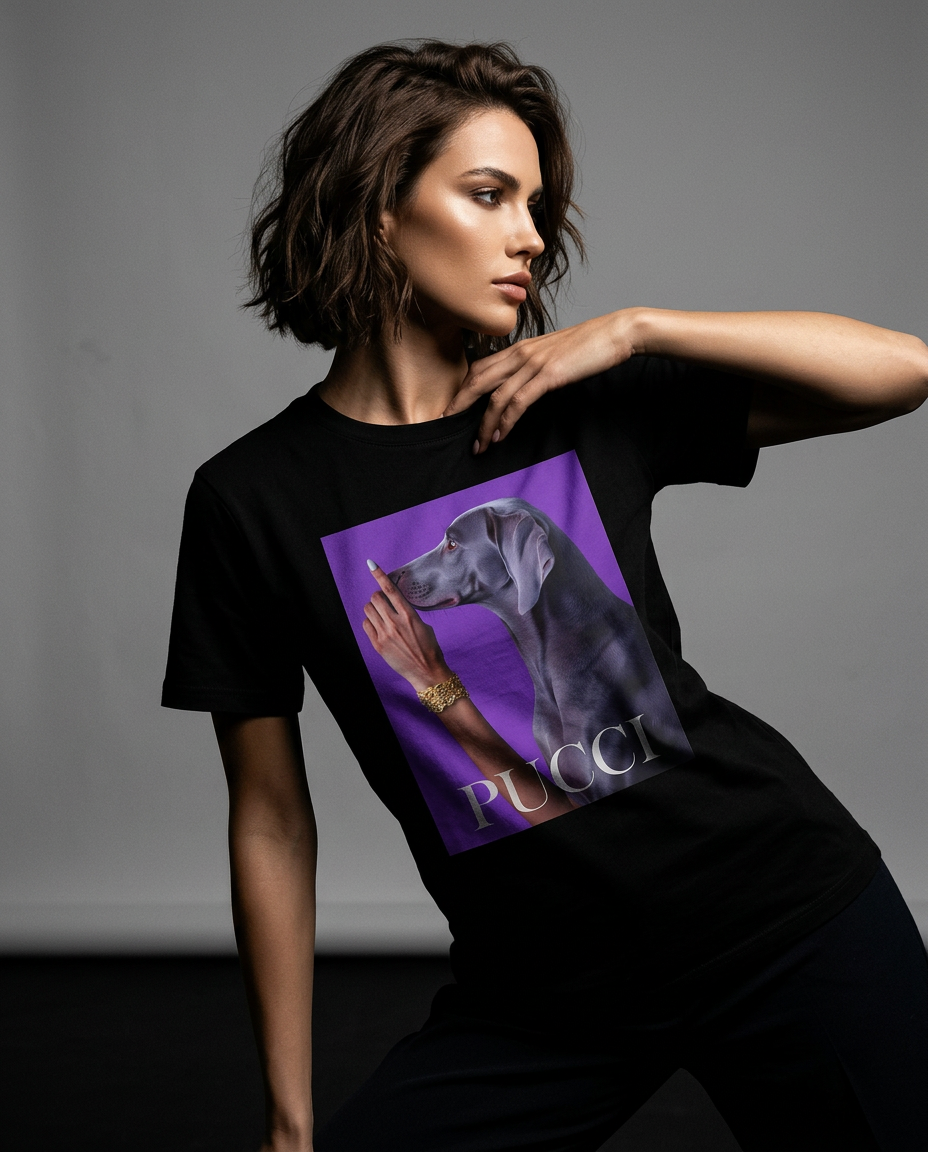 T-shirt Camalestore Pucci Violet, modelo feminino usando camiseta com silhueta forte e iluminação cinematográfica.