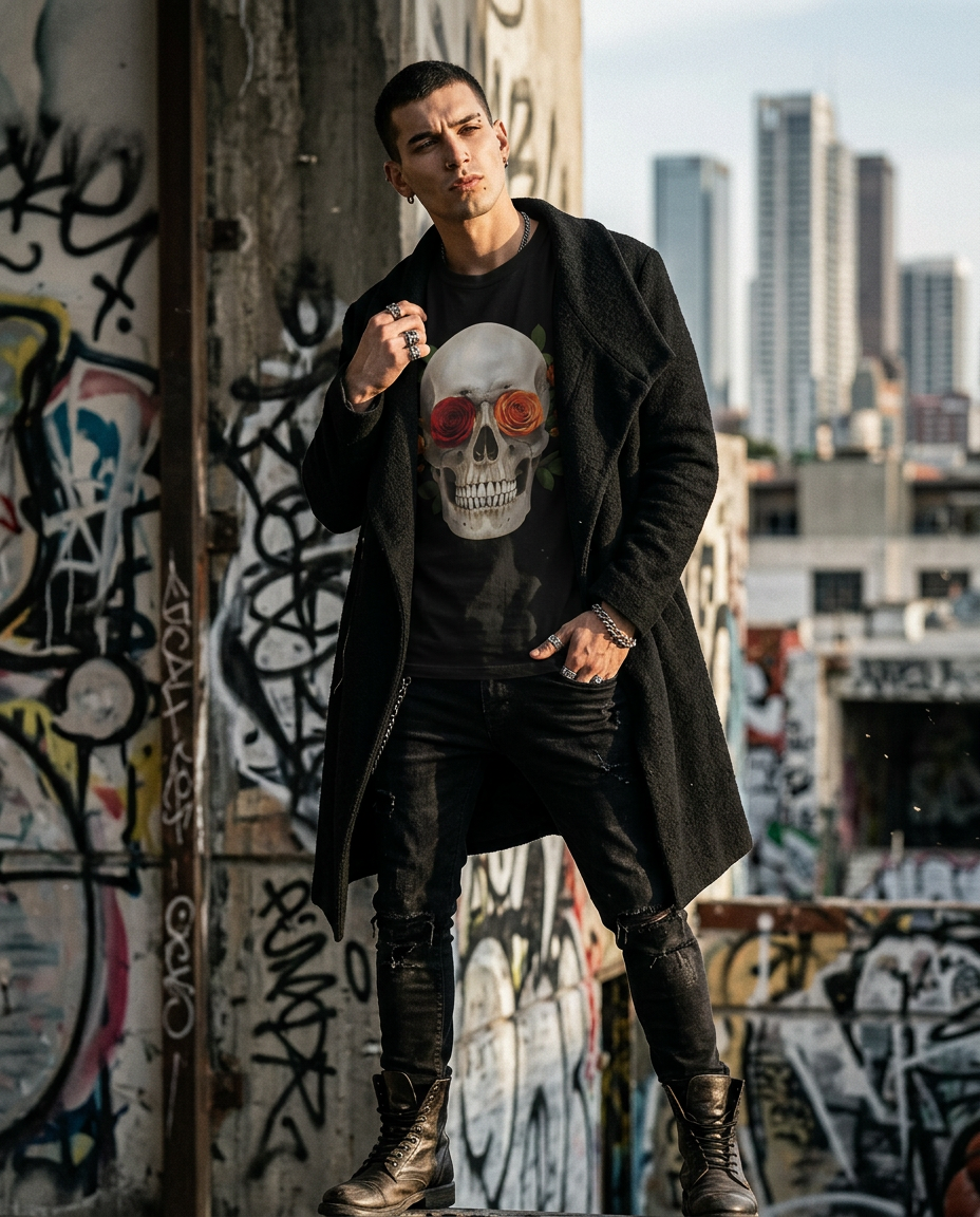 Camalestore camiseta Skull Rosa, modelo posando com iluminação cinematográfica e composição assimétrica, destaque para design de caveira e rosa.