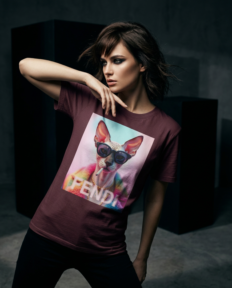 Camiseta Sphynx Prism da Camalestore em modelo feminino, com silhueta marcante e iluminação cinematográfica.