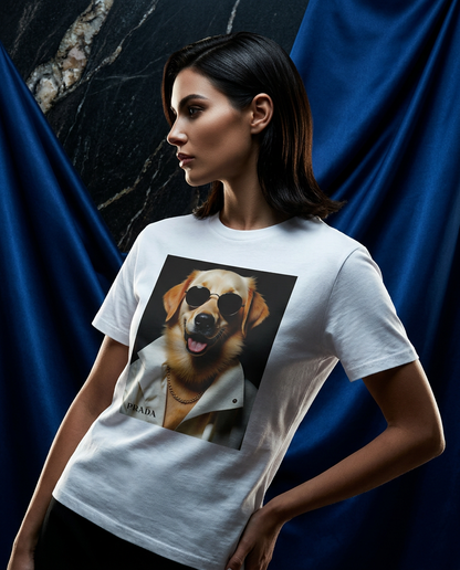 Modelo usando camiseta Golden Style da Camalestore, pose em fotos com iluminação cinematográfica e composição assimétrica.