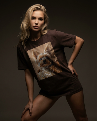 Camiseta T-shirt Yorkie Muse da Camalestore, design minimalista com ilustração de um cão Yorkie, cor branca, estilo casual.
