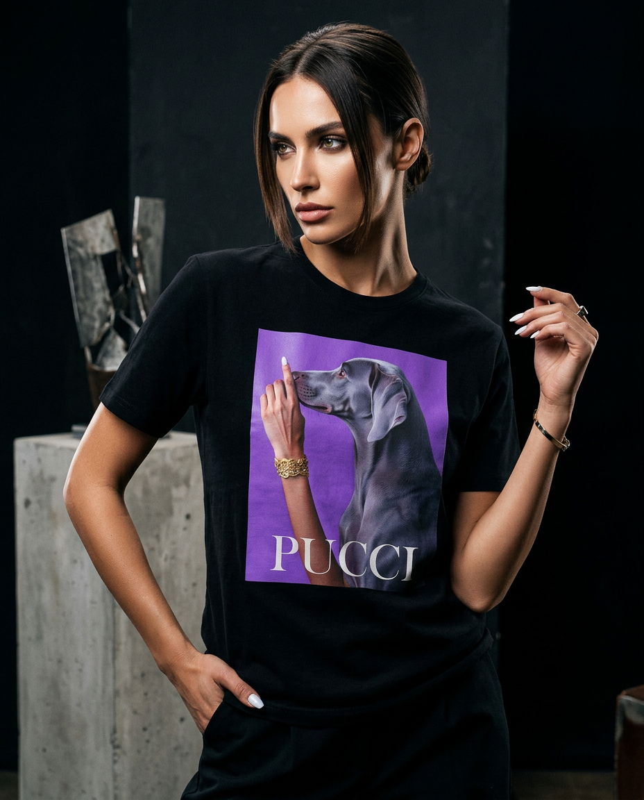 Camalestore T-shirt Pucci Violet para mulher, modelo posando com silhueta forte e iluminação cinematográfica.