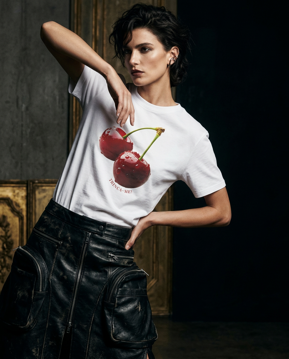 Camiseta Cherry Bite Me da Camalestore, modelo posando com silhueta forte e iluminação cinematográfica, vista frontal.