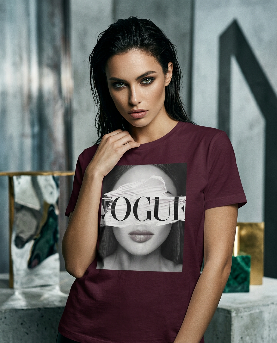 Camiseta V Eyes da Camalestore, modelo feminino com olhos verdes, pose em iluminação cinematográfica e silhueta marcante.