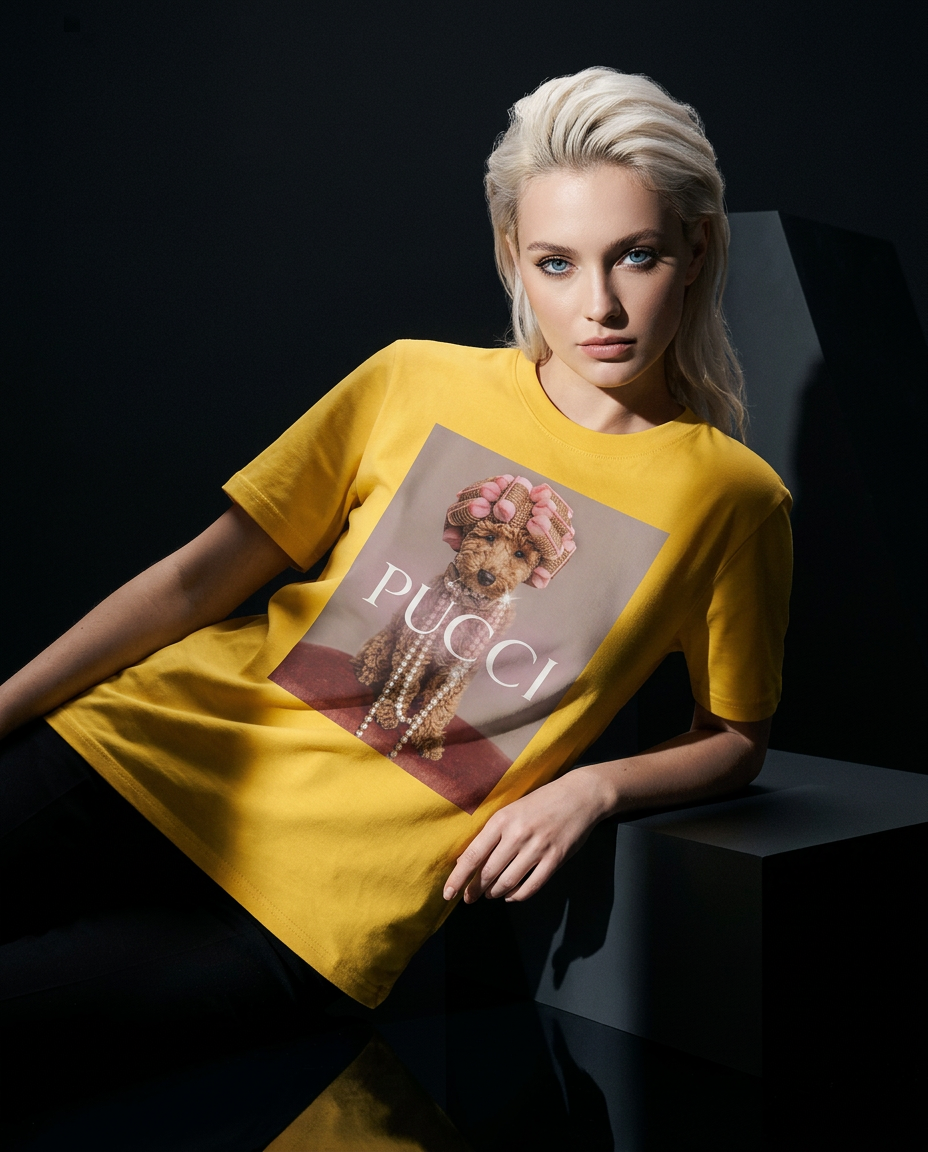 Camalestore T-shirt Poo Glam azul, modelo feminino com olhos claros, pose em foto de ensaio com iluminação cinematográfica.