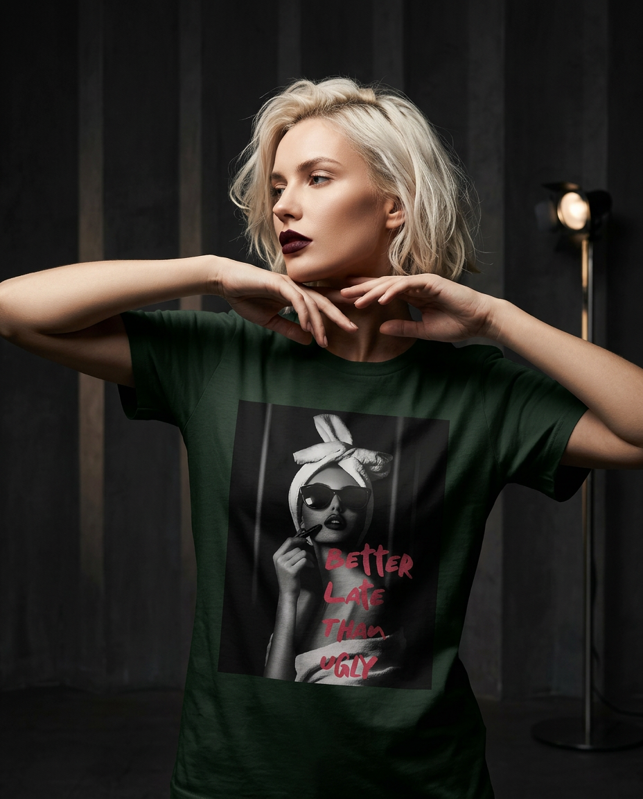 Camalestore T-shirt Ugly Chic Statement, modelo posando com silhueta forte e iluminação cinematográfica, composição assimétrica.