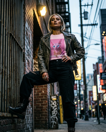 Camalestore camiseta rosa com detalhe dourado e estampa de Sphynx, modelo feminino posando com iluminação cinematográfica.
