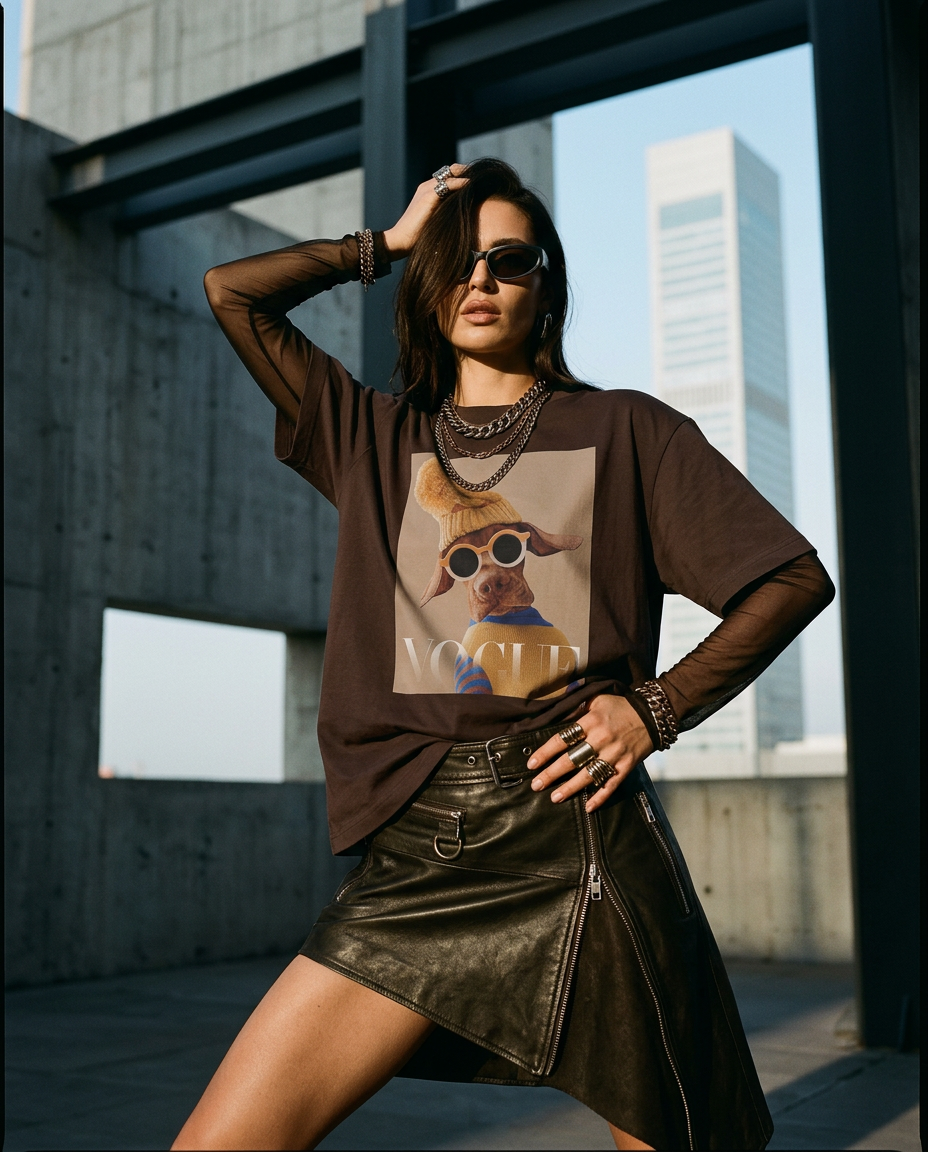 T-shirt Crimson Aviator da Camalestore, modelo posando com silhueta forte e iluminação cinematográfica, composição assimétrica.