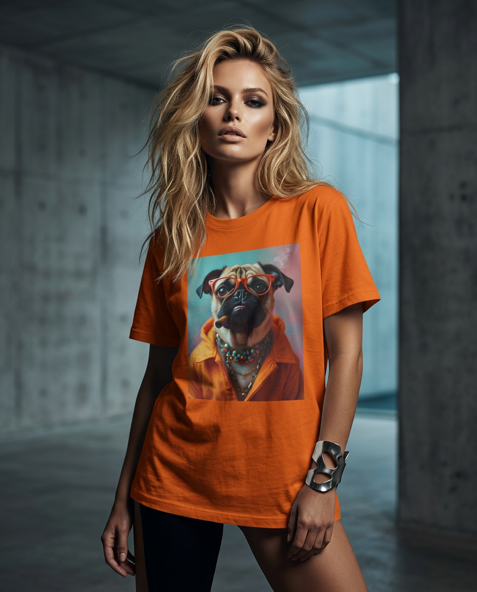 Camiseta laranja Pug Rebel da Camalestore, modelo posando com silhueta forte, iluminação cinematográfica e composição assimétrica.