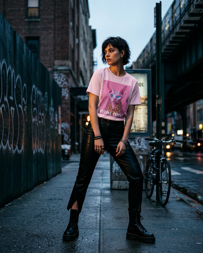 Camiseta rosa com estampa dourada de Sphynx, modelo posando com iluminação cinematográfica e composição assimétrica.