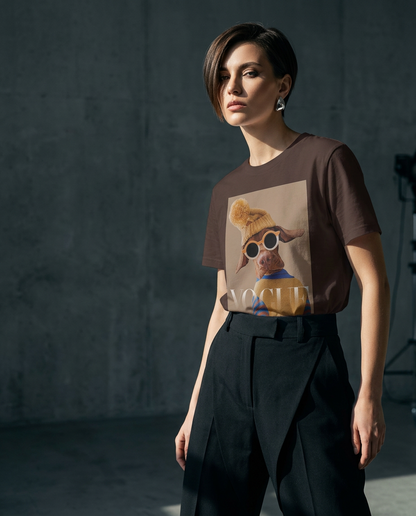 Camalestore camiseta Crimson Aviator, modelo posando com silhueta forte e iluminação cinematográfica, composição assimétrica.