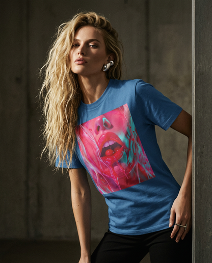Camalestore T-shirt Cherry Glaze, modelo feminino com cabelo loiro longo, vestindo camiseta com destaque para silhueta e iluminação cinematográfica.