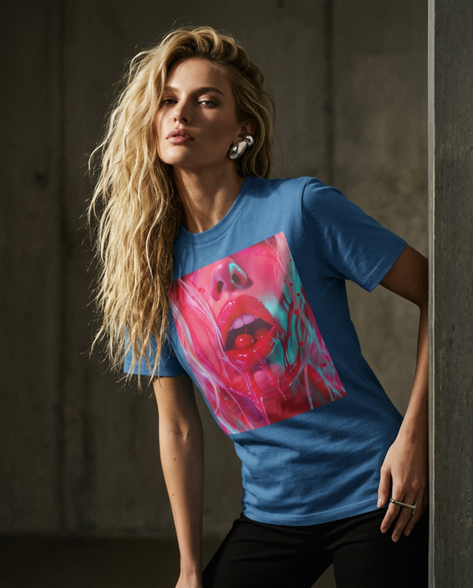 Camalestore T-shirt Cherry Glaze, modelo feminino com cabelo loiro longo, vestindo camiseta com destaque para silhueta e iluminação cinematográfica.