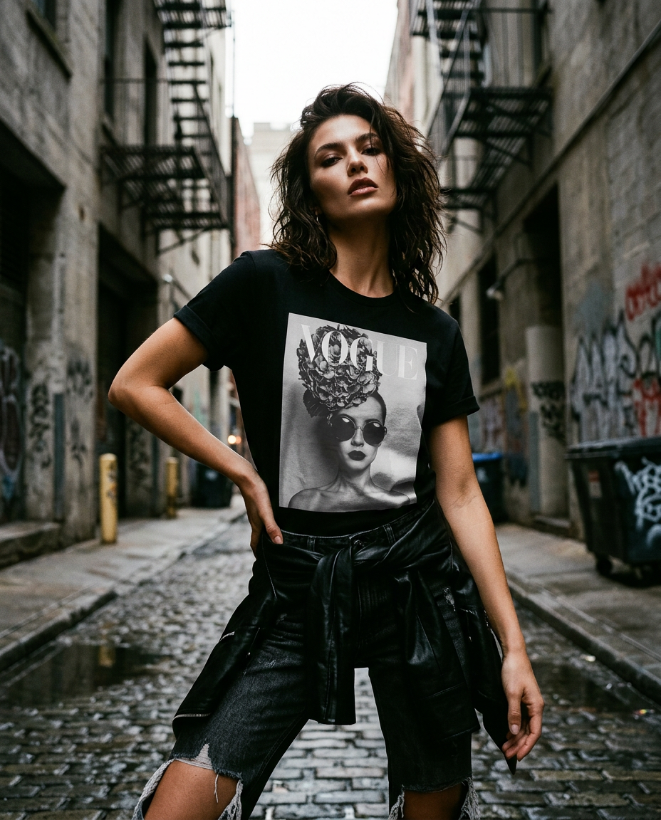 Pessoa usando camiseta floral negra da Camalestore, pose em iluminação cinematográfica com silhueta forte e composição assimétrica.