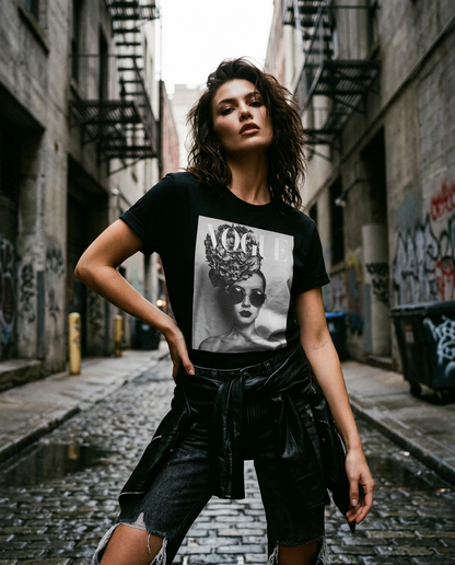 Pessoa usando camiseta floral negra da Camalestore, pose em iluminação cinematográfica com silhueta forte e composição assimétrica.