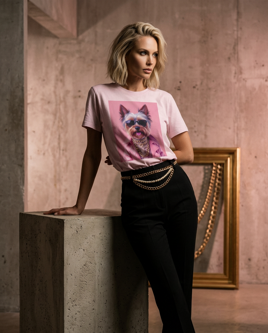 Camiseta Yorkie Street Icon da Camalestore, modelo posando com iluminação cinematográfica e composição assimétrica.