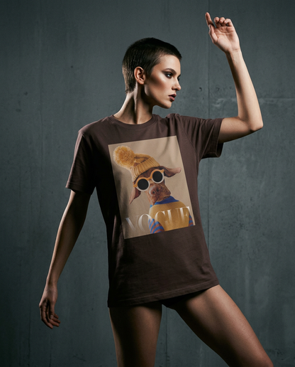 T-shirt Crimson Aviator da Camalestore, modelo posando com silhueta forte e iluminação cinematográfica.
