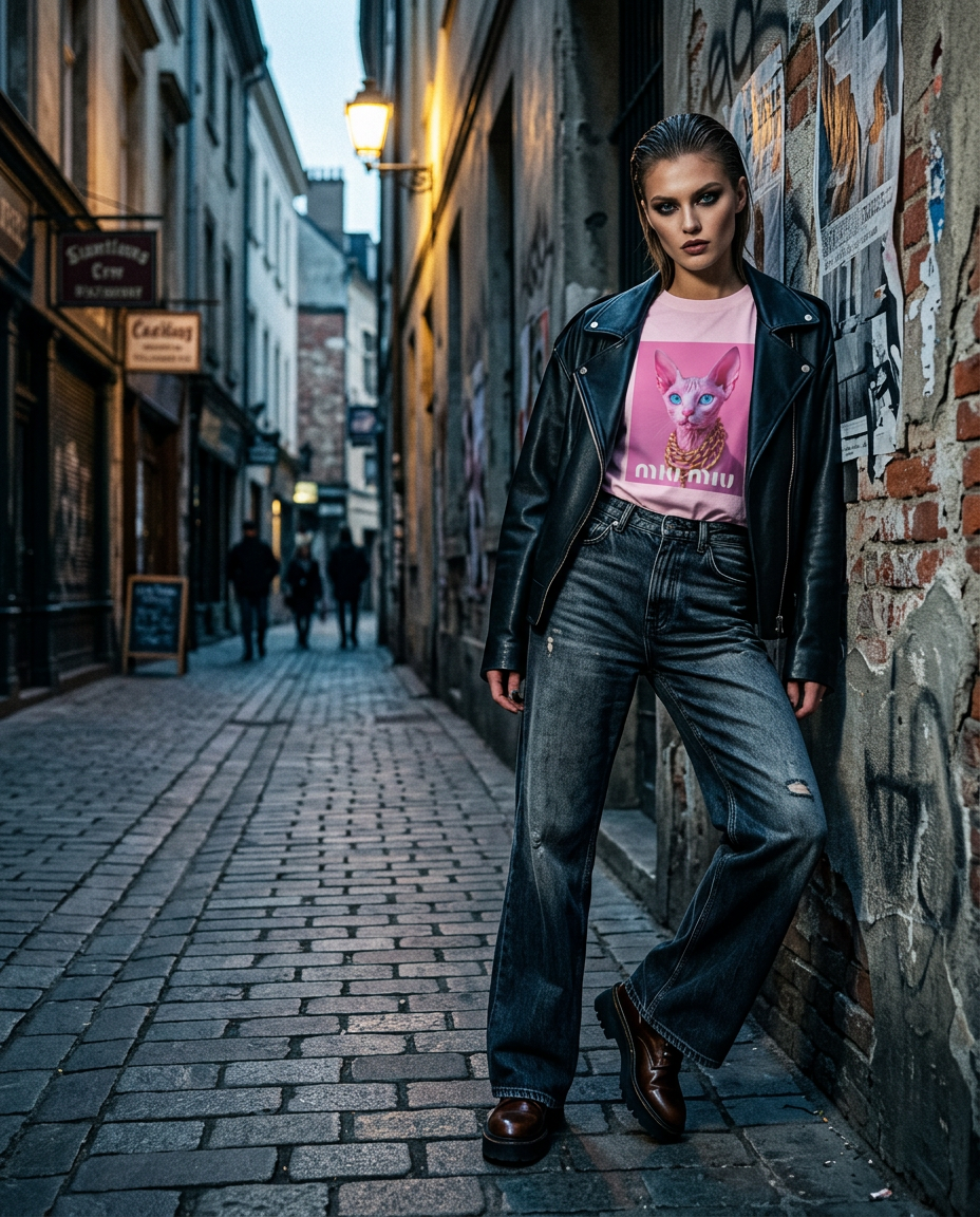 Camiseta rosa com detalhes dourados e estampa de esfinge, modelo posando sob iluminação cinematográfica, estilo assimétrico.