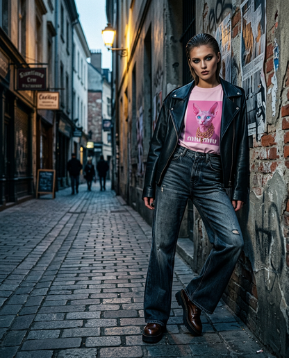 Camiseta rosa com detalhes dourados e estampa de esfinge, modelo posando sob iluminação cinematográfica, estilo assimétrico.