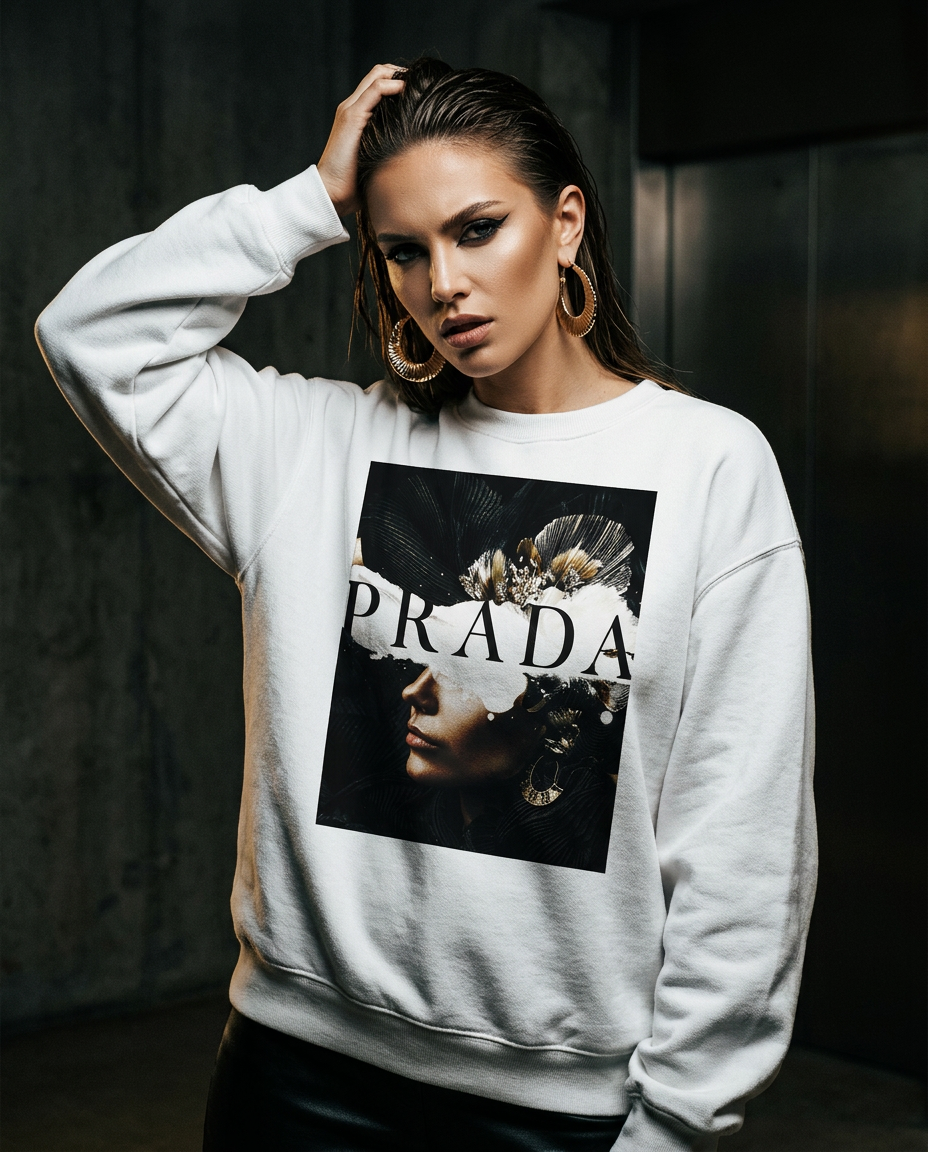 Sweatshirt P Abstract da Camalestore, modelo feminino com design moderno, em cor cinza, usado numa campanha de moda de luxo.