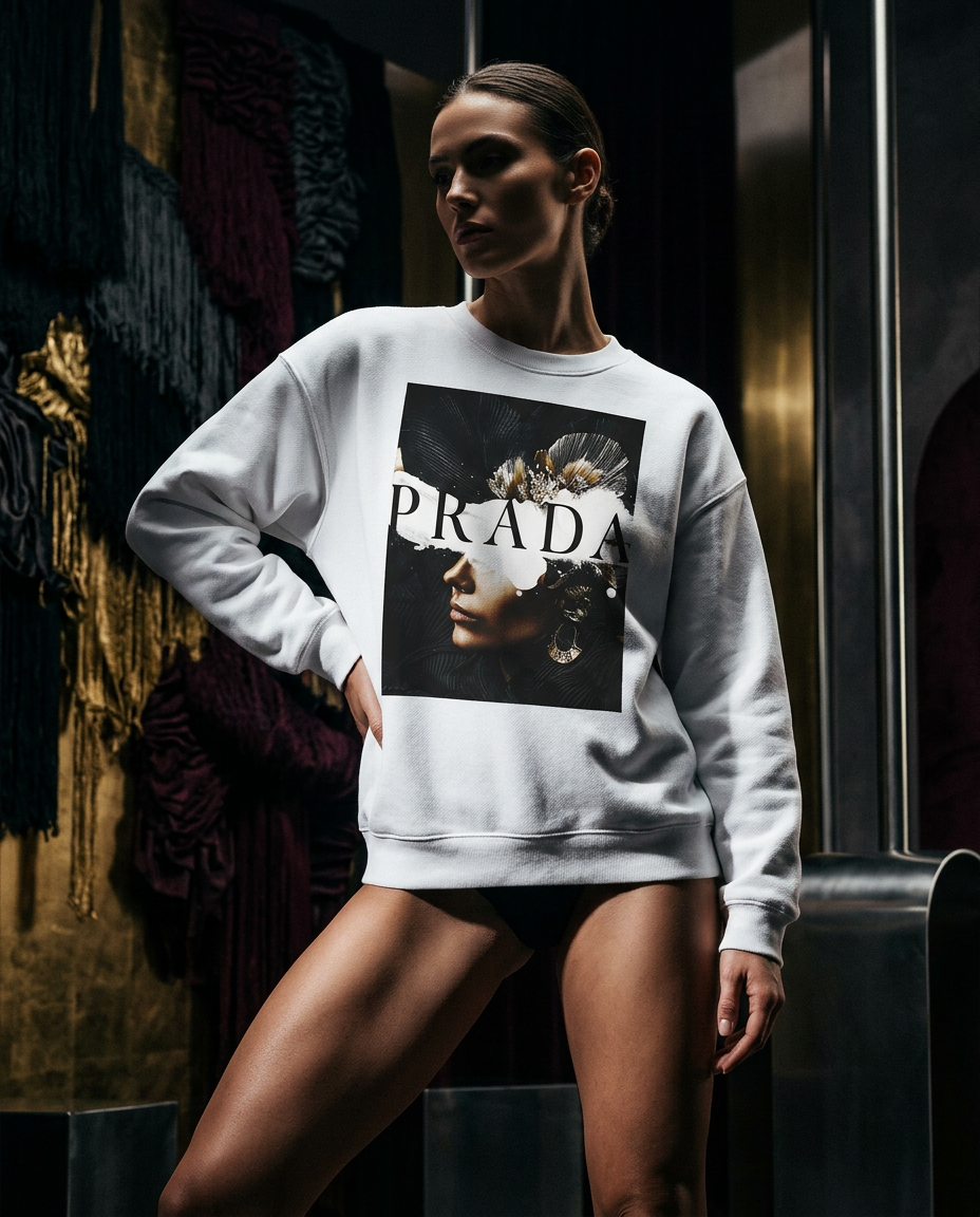 Sweatshirt P Abstract da Camalestore, com design moderno, vestida por uma mulher em foto de moda de luxo.