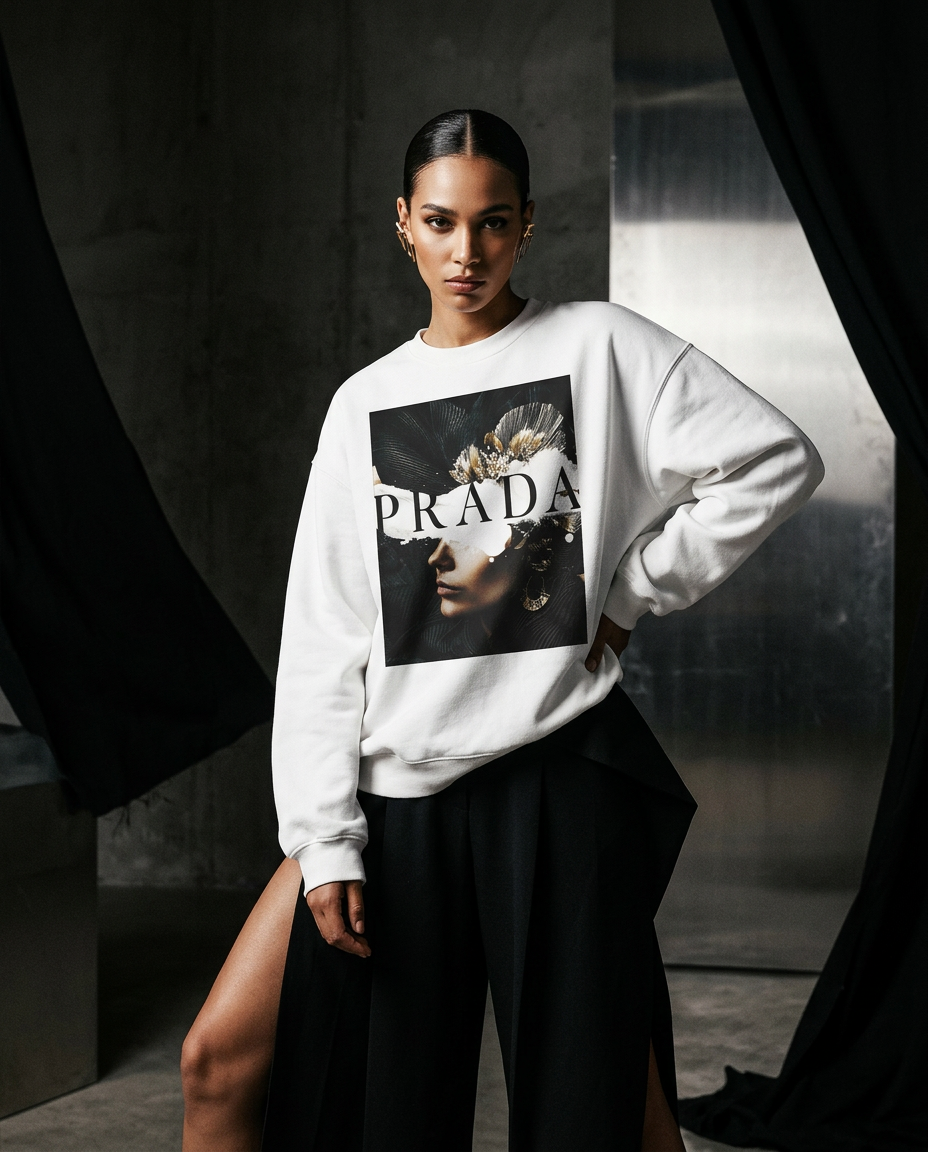 Sweatshirt P Abstract da Camalestore, com design moderno e cores vibrantes, vestida por uma mulher estilosa numa campanha de moda de luxo.