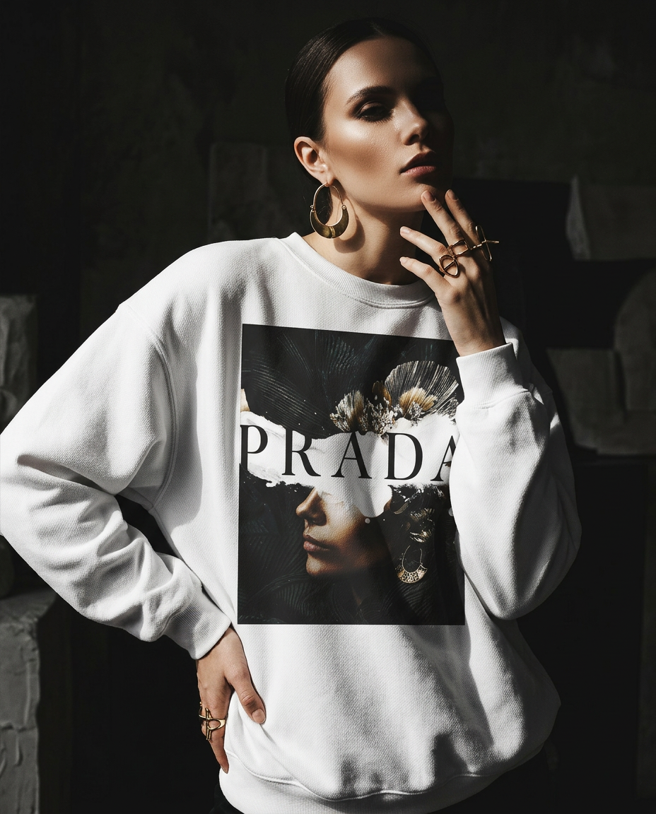 Sweatshirt P Abstract da Camalestore, estilo moderno, com design gráfico colorido, vestida por uma mulher em campanha de moda de luxo