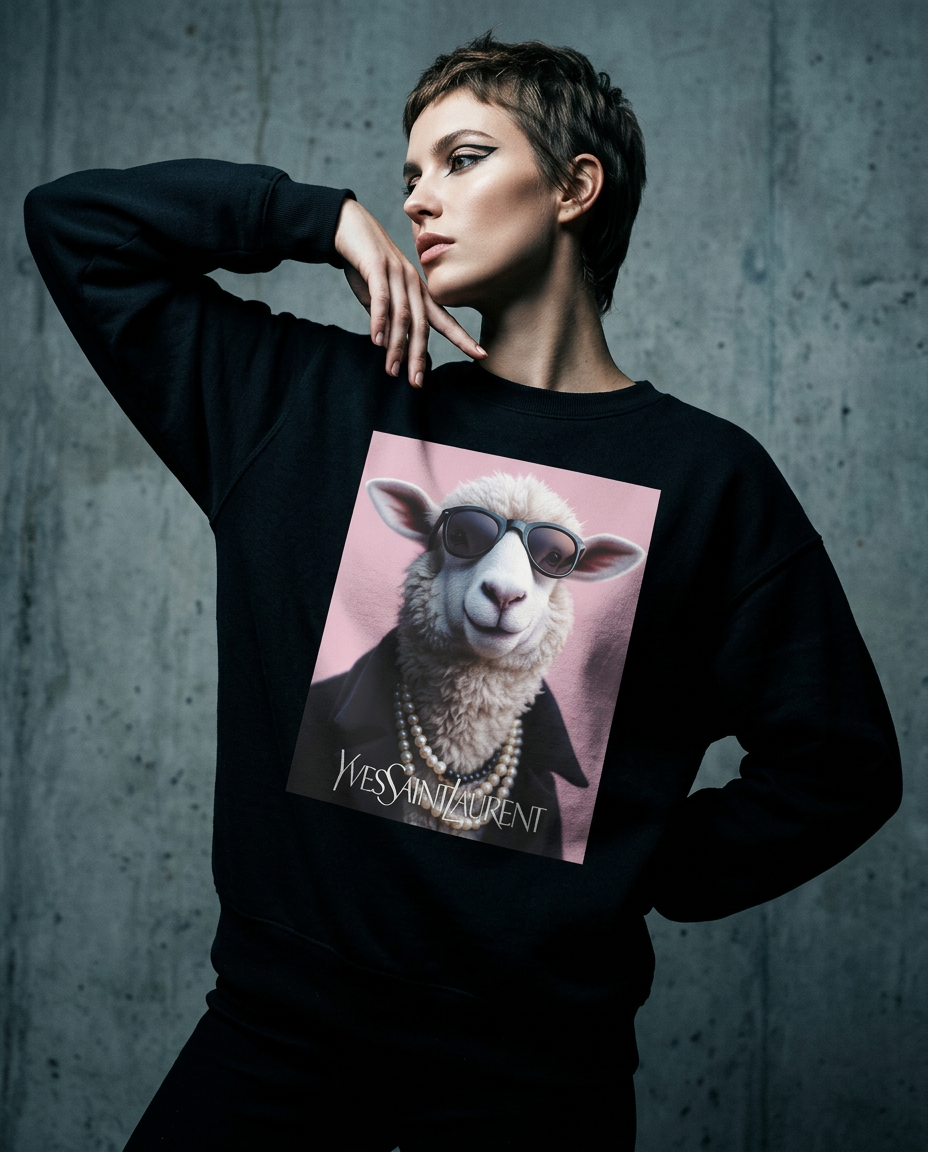 Sweatshirt Saint Sheep da Camalestore, modelo feminino de moda de luxo, com design elegante e detalhes modernos.
