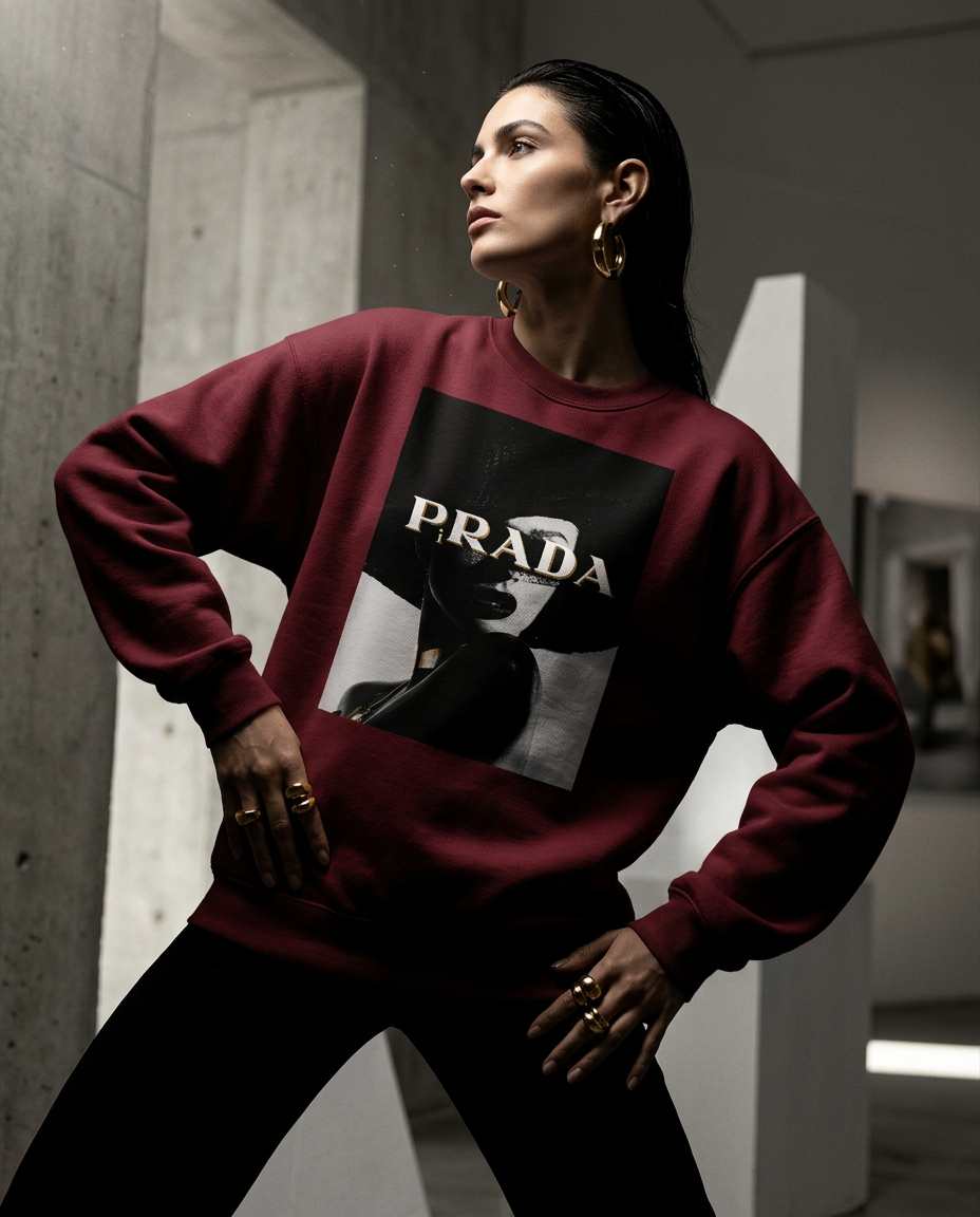Sweatshirt P Dramatic da Camalestore, vestuário de estilo casual com design moderno, usado por uma mulher em uma campanha de moda de luxo.