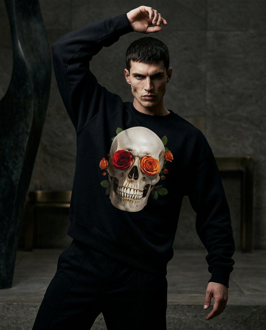 Sweatshirt Camalestore Skull Rose com estampado de caveira e rosas, modelo masculino em campanha de moda de luxo.