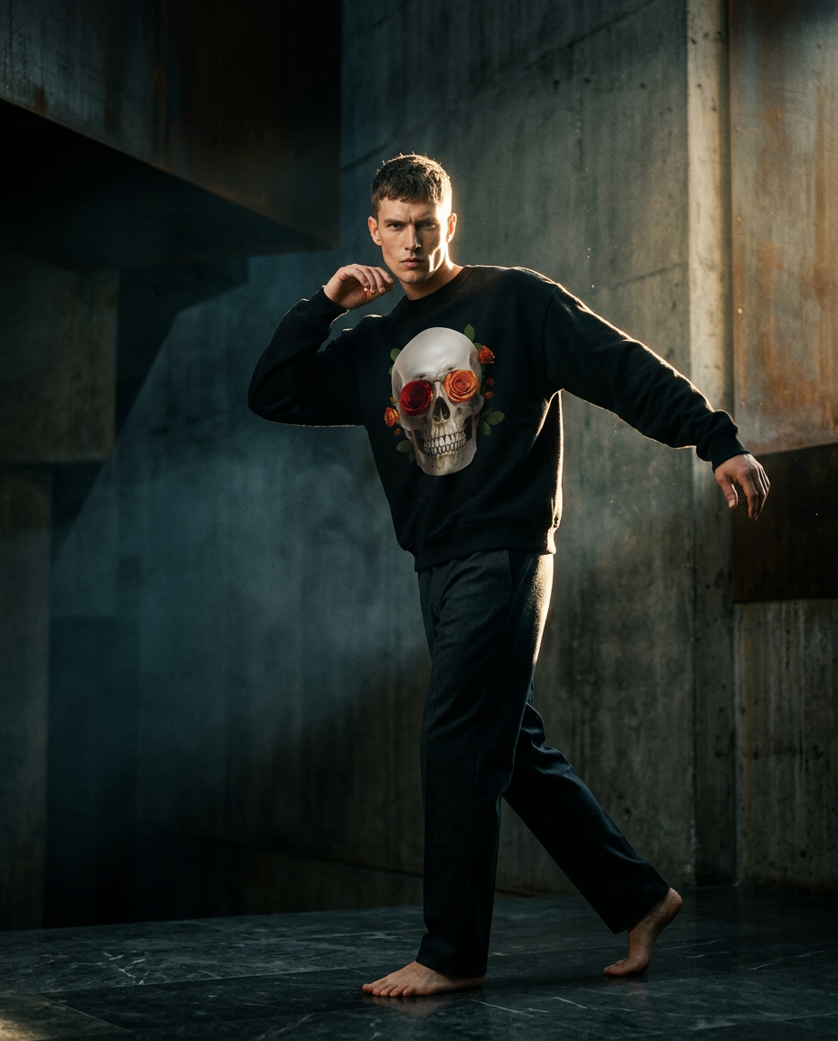 Sweatshirt Camalestore com estampa de caveira e rosas, modelo masculino com estilo de moda de luxo.