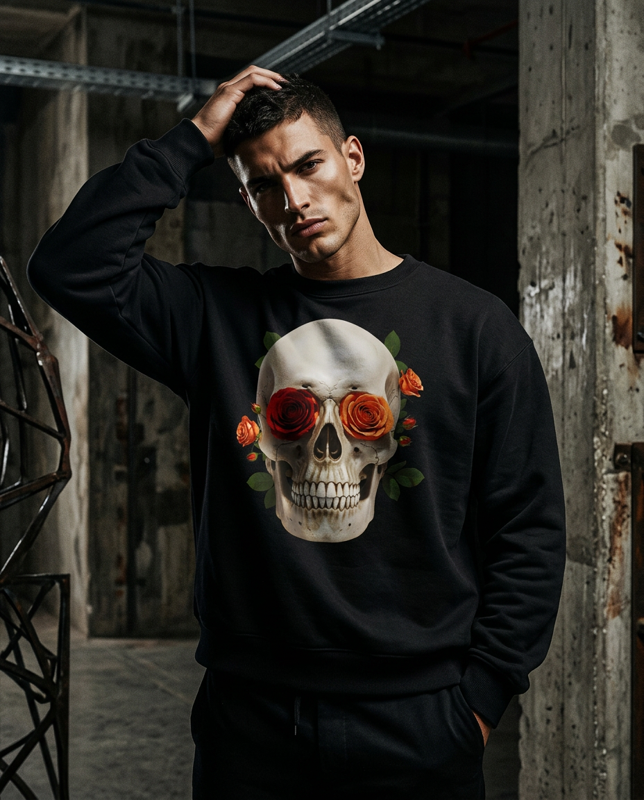 Sweatshirt Camalestore Skull Rose com design de caveira e rosas, modelo masculino vestindo na campanha de moda de luxo