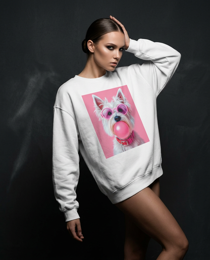 Sweatshirt Westie Pink Pop da Camalestore, de estilo minimalista, em tons de rosa, exibida numa fotografia de estúdio.