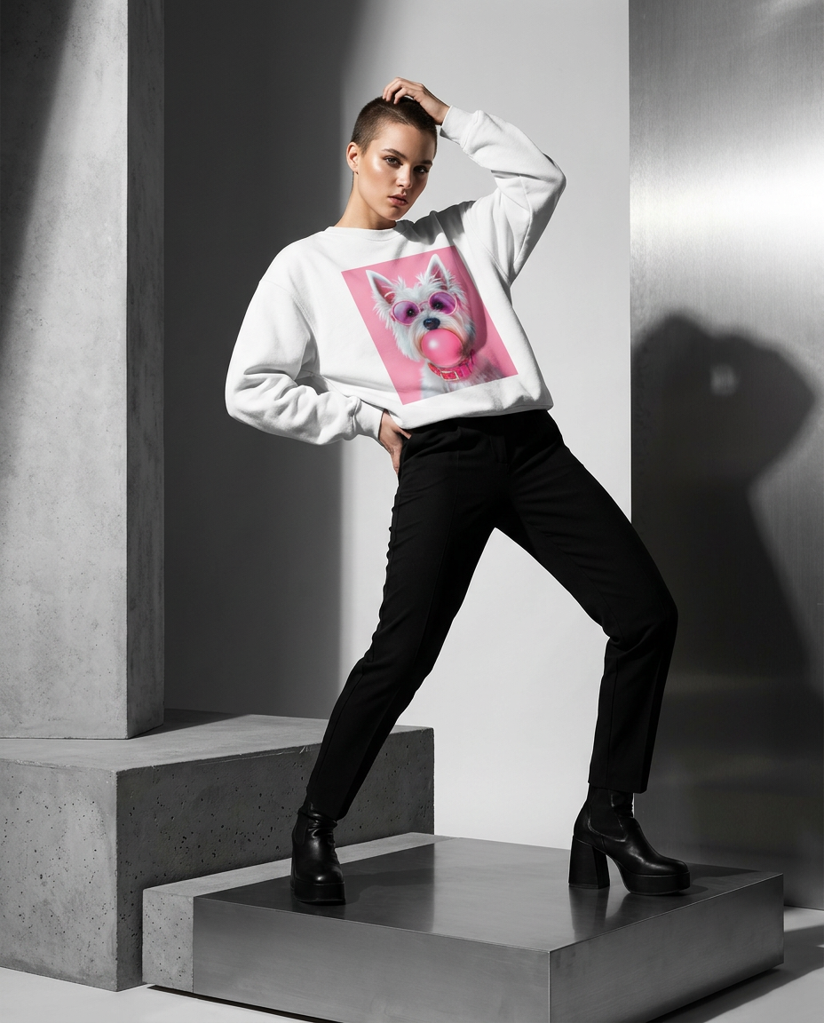 Sweatshirt Westie Pink Pop da Camalestore, vista frontal de sweatshirt de estilo minimalista em tom rosa, em fundo branco.