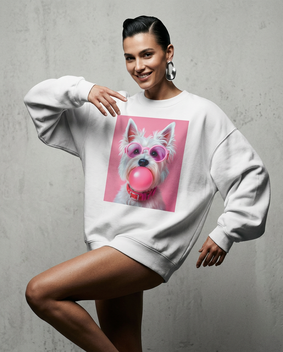 Sweatshirt Westie Pink Pop da Camalestore, estilo minimalista e moderno, em fundo branco, destacando o design confortável e feminino.