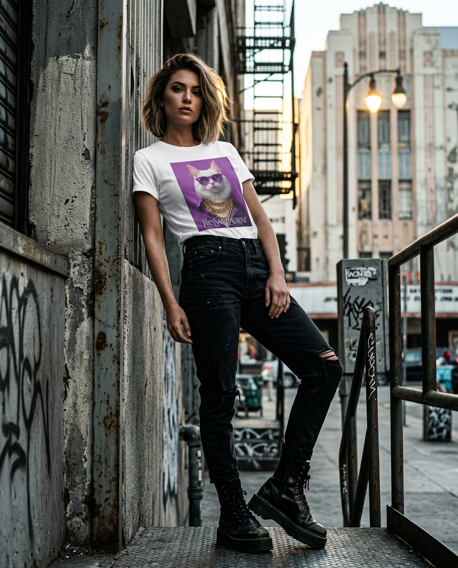 T-shirt Glamour Cat da Camalestore, modelo feminino a usar t-shirt de estilo urbano com estampado de gato, fotografia de moda.