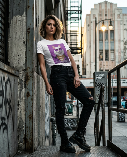 T-shirt Glamour Cat da Camalestore, modelo feminino a usar t-shirt de estilo urbano com estampado de gato, fotografia de moda.