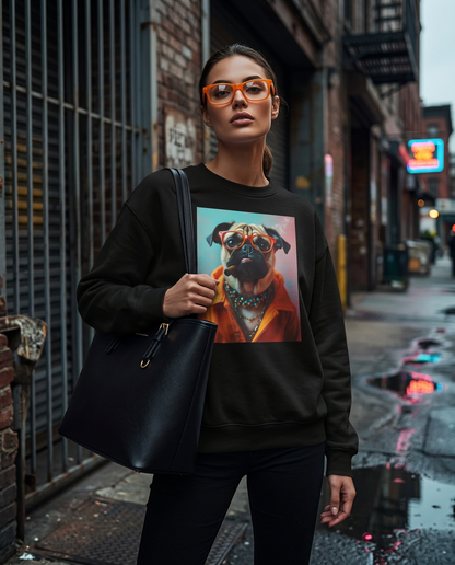 Sweatshirt Pug Boss da Camalestore, com estampado de pug e design urbano, roupa casual moderna para mulher.