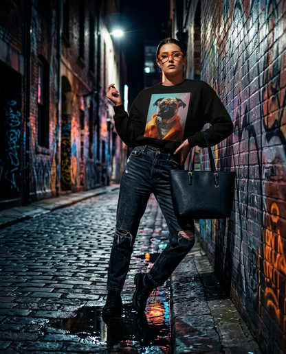 Sweatshirt Pug Boss da Camalestore, com estampa de pug e texto, usada por uma modelo de moda urbana em estilo street fashion.