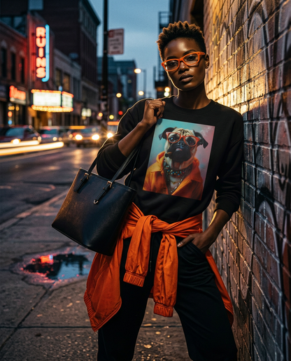 Sweatshirt Pug Boss da Camalestore, estilo urbano, com design de pug na frente, usado por uma modelo em ambiente de rua.