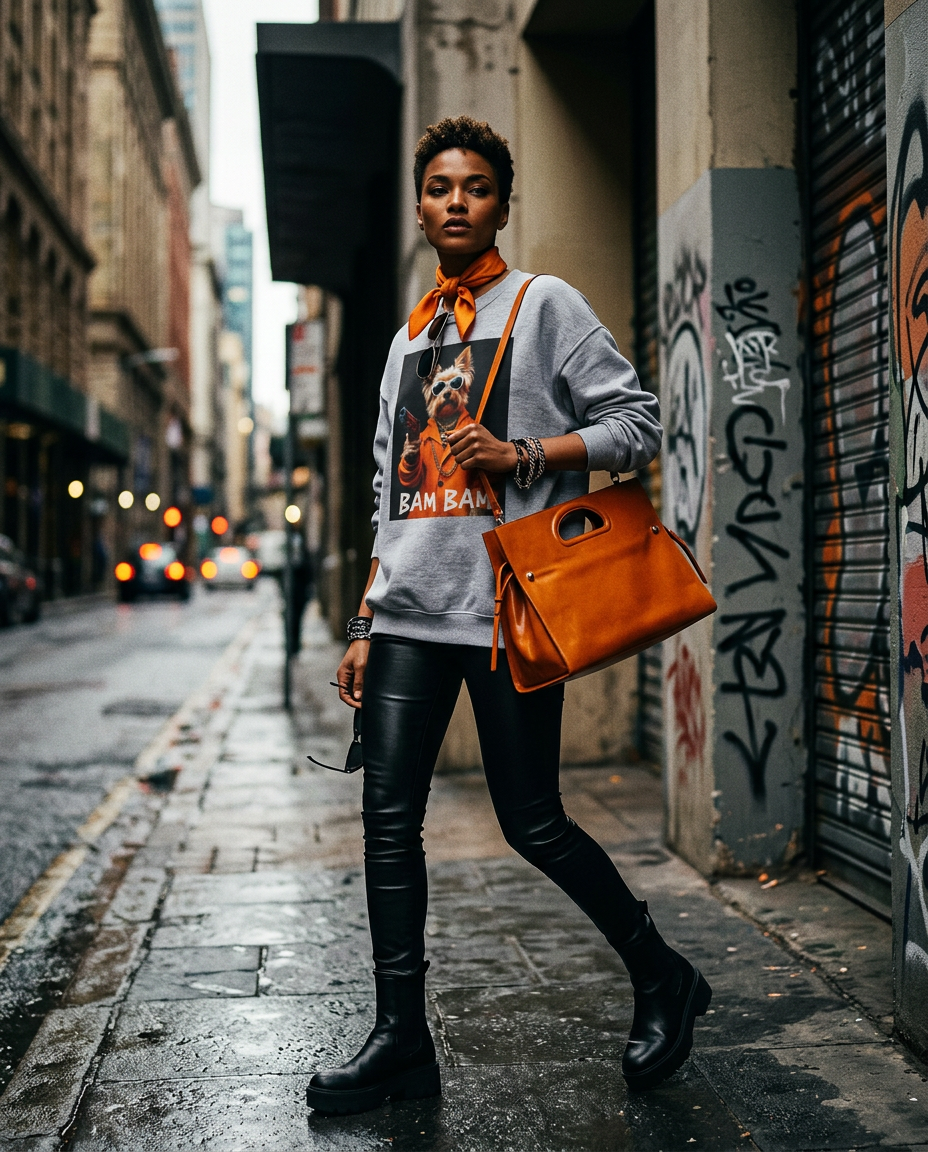 Sweatshirt Bam Bam da Camalestore, modelo feminino com estilo urbano, vestida com sweatshirt de moda em ambiente street fashion.