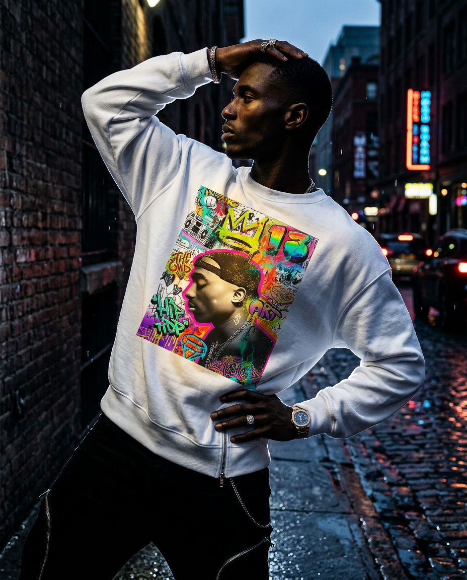 Sweatshirt Camalestore com padrão graffiti e cor escura, modelo masculino com estilo urbano e moderno.